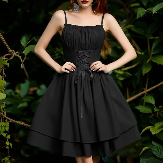 Weiqiqre Dresses for Women Gothic Lace Trim Lace-up Ruffled Cinched Ruched High Low Midi Dress
