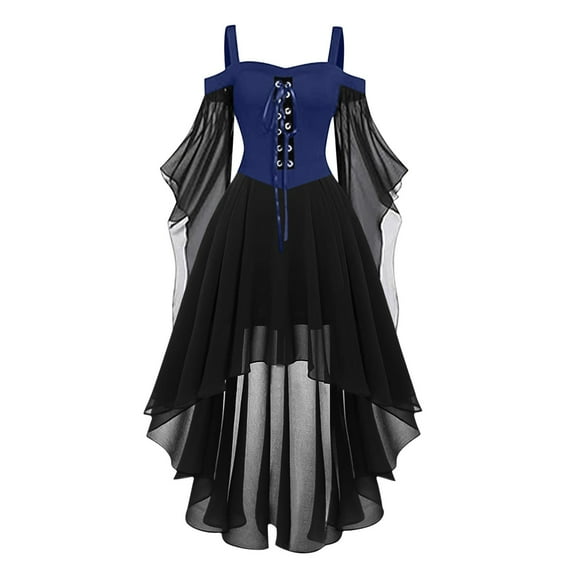 Weiqiqre Dresses for Women Plus Size Steampunk Renaissance Dress Cold Shoulder Ruffles Lace-up High Low Dress