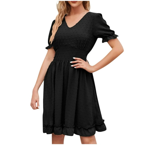 Weiqiqre Fall Dresses for Women Smocked Short Sleeve V Neck Chiffon Mini Dress Summer Dot Flowy Short Dress