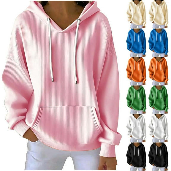Weiqiqre Fall Outfits For Women 2025 Casual Long Sleeve Textured Knit Loose Drawstring Hooded Sweatshirt with Pocket
