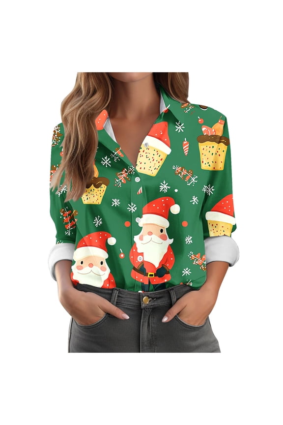 Weiqiqre Fall Outfits for Women 2025 Long Sleeve Christmas Shirts Santa Claus Party Button Down Shirts X-Mas Funky Hawaiian Shirt