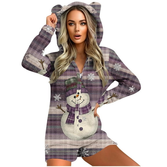 Weiqiqre Fall Outfits for Women, Christmas Print Hooded Ears Fluffy Onesie Pajamas - Santa Pattern Bodysuit Sleepwear Pajamas Loungewear