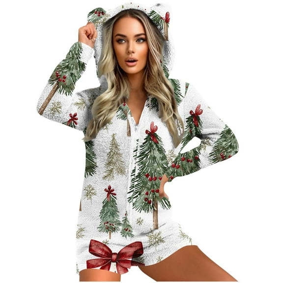 Weiqiqre Fall Outfits for Women, Christmas Print Hooded Ears Fluffy Onesie Pajamas - Santa Pattern Bodysuit Sleepwear Pajamas Loungewear