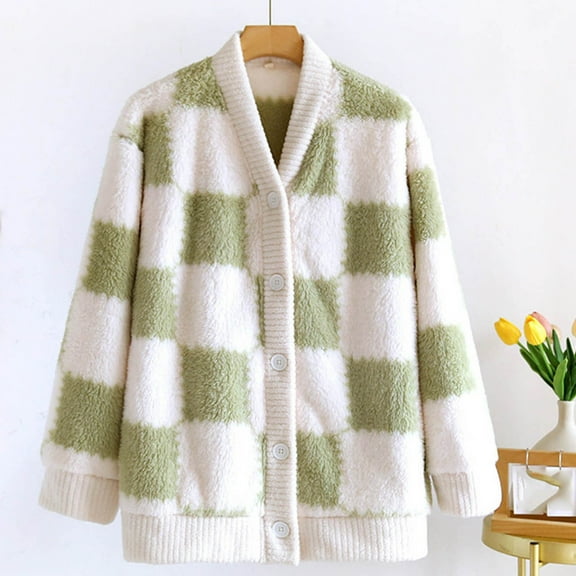 Weiqiqre Fall Pajamas Women Causal Sherpa Fall Jacket Loose Button Down Plaid Winter Coats V-neck Button Pocket Long-sleeved Pajamas