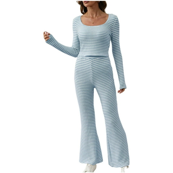 Weiqiqre Fall Pajamas Women Two Piece Sets Fall Fashion Striped Long Sleeve Tops Wide Leg Palazzo Pants Outfits Loung Sets