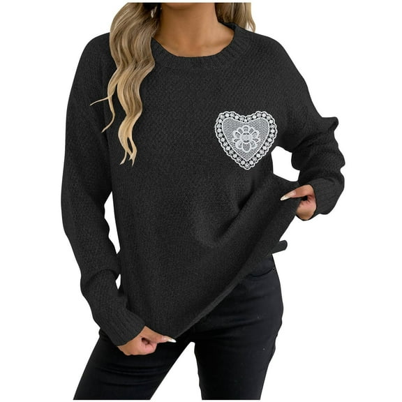 Weiqiqre Fall Sweaters for Women Heart Sweater Crew Neck Casual Long Sleeve Loose fit Love Print Ribbed Knit Sweaters Pullover Top