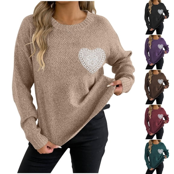 Weiqiqre Fall Sweaters for Women Heart Sweater Crew Neck Casual Long Sleeve Loose fit Love Print Ribbed Knit Sweaters Pullover Top