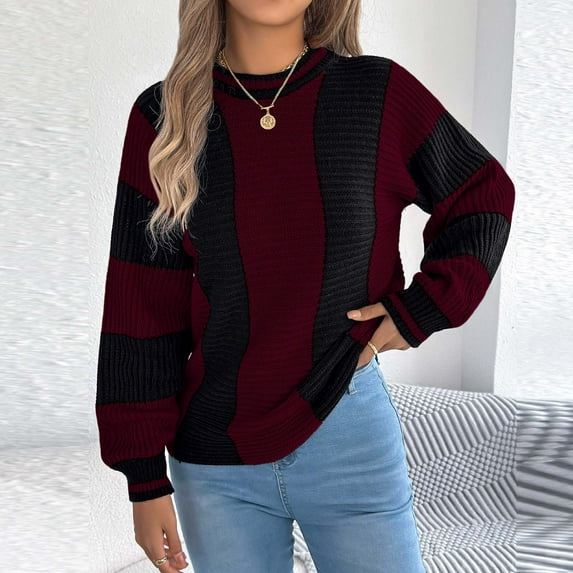 Weiqiqre Fall Sweaters for Women Lightweight Oversized Crew Neck Long Sleeve Color Block Pullover Rib Knit Blouse Tops