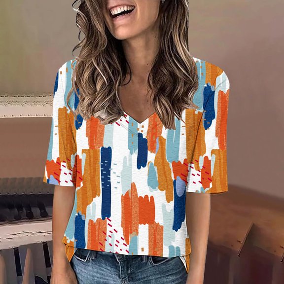 Weiqiqre Fashion Graphic Printed V Neck Tops Casual Ladies Short Sleeve Vintage Cute Summer New Arrival Blouses