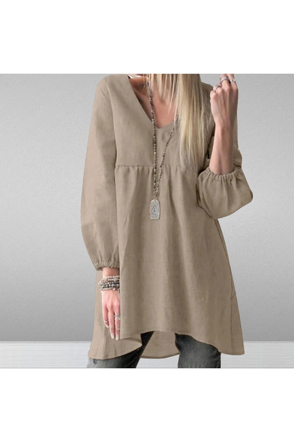 Fashion Women V-Neck Cotton Lined Long Sleeve Casual T-shirt Loose Flowy Swing Top Solid Blouse