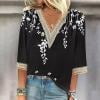 Weiqiqre Fashion Women's Summer V-Neck 3/4 Sleeve Tops Plus Size Lace Print Casual Comfy T-shirt Blouse Tops S-5XL