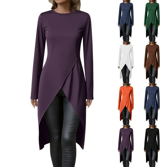 Weiqiqre Going Out Tops for Women Long Sleeve Wrap Front Split Casual Crewneck Asymmetrical Tunic Top Blouse