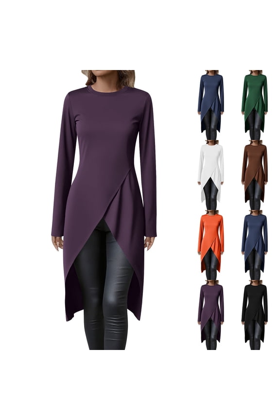 Weiqiqre Going Out Tops for Women Long Sleeve Wrap Front Split Casual Crewneck Asymmetrical Tunic Top Blouse