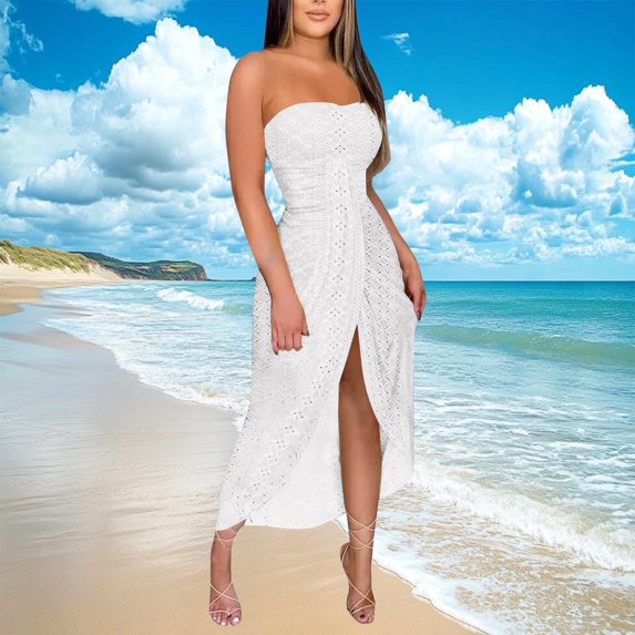 Weiqiqre Halter Dresses for Women Tube Strapless Long Casual Party Dresses Sleeveless Off Shoulder Backless