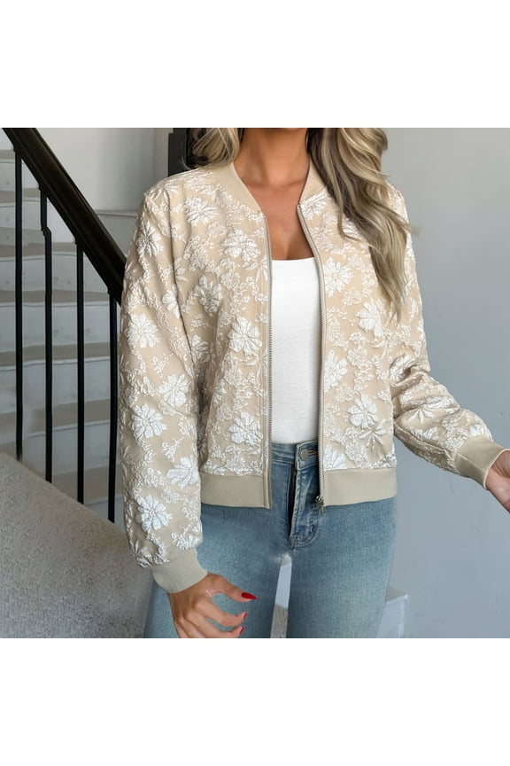 Jacket for Women Floral Lace Zip Up Baseball Collar Long Sleeve Drop Shoulder Coat Outerwear