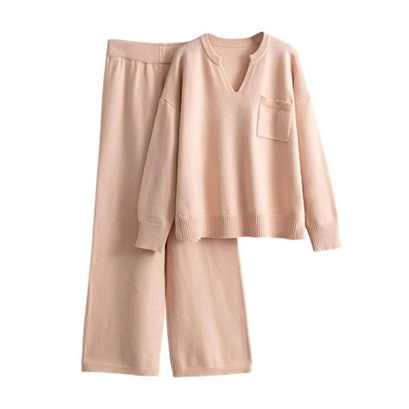 Weiqiqre Knitted Sets Loose V Neck Sweater Pant 2 Pieces Outfit Tracksuits Pants