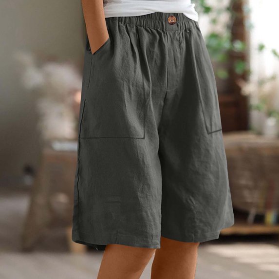 Weiqiqre Linen Shorts for Women Drawstring High Waisted Shorts Baggy Wide Leg Cargo Shorts with Pockets