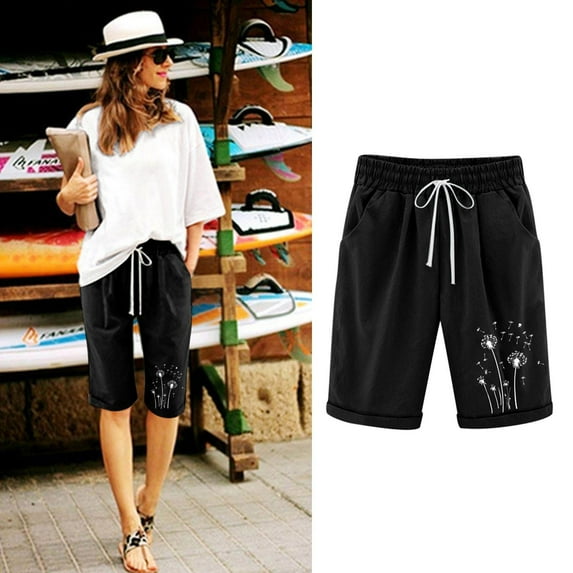 Weiqiqre Linen Shorts for Women Knee-Length Bermuda Casual Shorts with Elastic Waist Drawstring