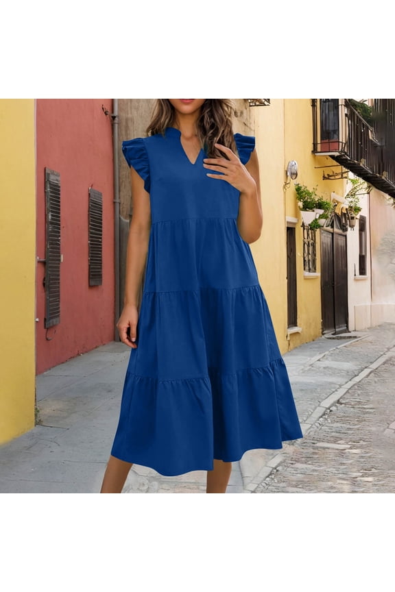 Maxi Dresses for Seniors Casual with Pockets Ruffle Sleeve Notched Neck A Line Tiered Boho Beach Summer Sundresses