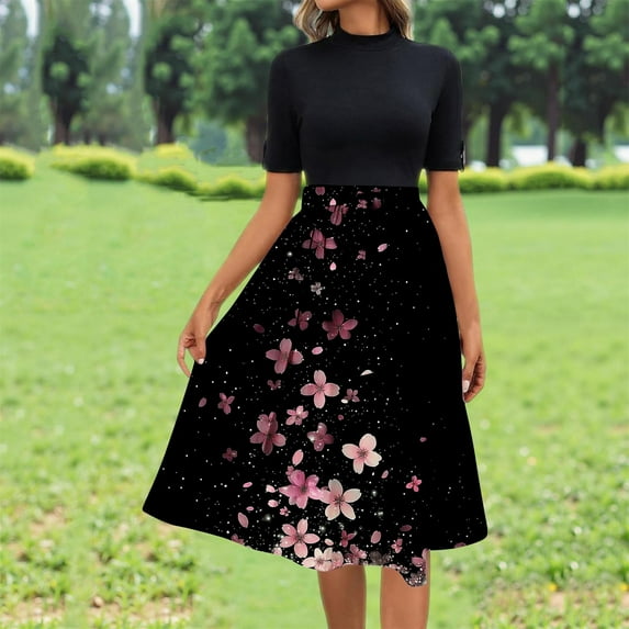 Weiqiqre Maxi Dresses for Seniors Flowy Short Sleeve Empire Waist Summer Crewneck Midi Length Fashion Belted Sundresses for Women