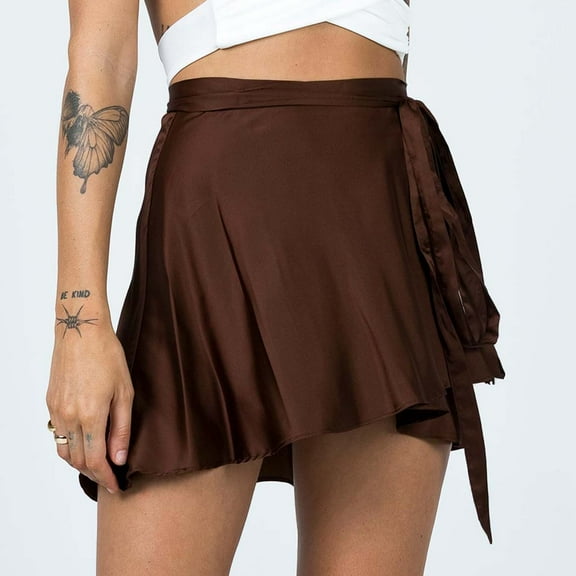 Weiqiqre Maxi Skirts for Women Wrap Mini Skirts Casual High Waist Self Tie Knot Silk Satin Short Skater Skirt