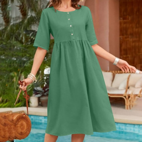 Weiqiqre Midi Dresses for Women Loose Fit and Flare Swing Cotton Dress Casual V-Neck Button Down Beach Midi Dress
