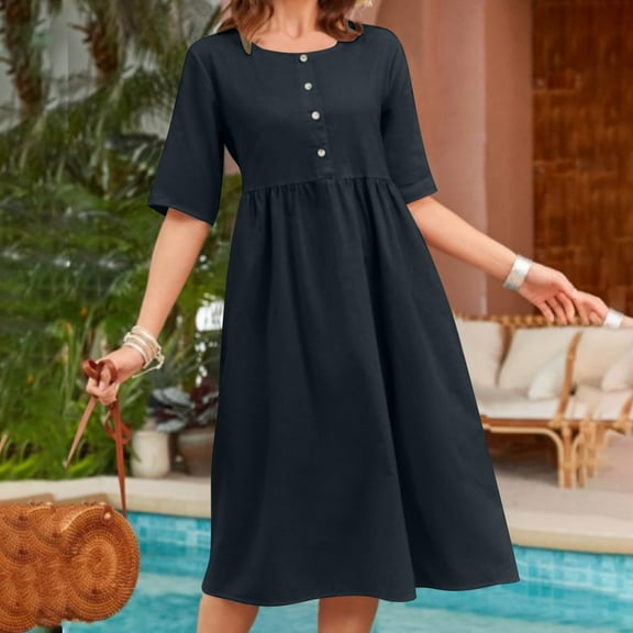 Weiqiqre Midi Dresses for Women Loose Fit and Flare Swing Cotton Dress Casual V-Neck Button Down Beach Midi Dress