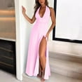 thumbnail image 1 of Weiqiqre Midi Dresses for Women Sleeveless Halter V Neck Ruched Waist Tie Back Side Split Long Maxi Dress, 1 of 7