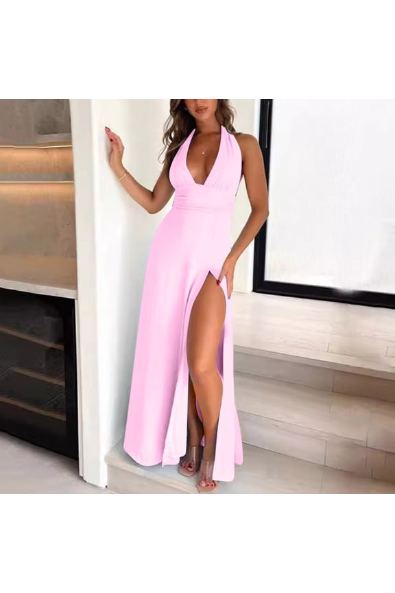 Midi Dresses for Women Sleeveless Halter V Neck Ruched Waist Tie Back Side Split Long Maxi Dress