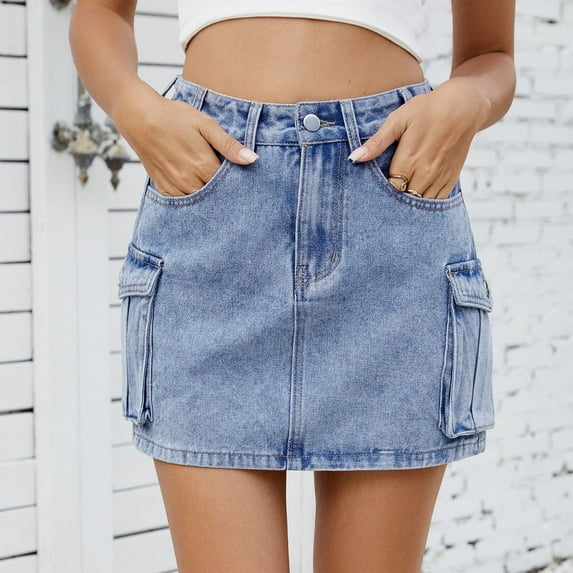 Weiqiqre Mini Skirt High Waisted Denim Mini Skirt Flap Pocket Bodycon Jean Cargo Skirts
