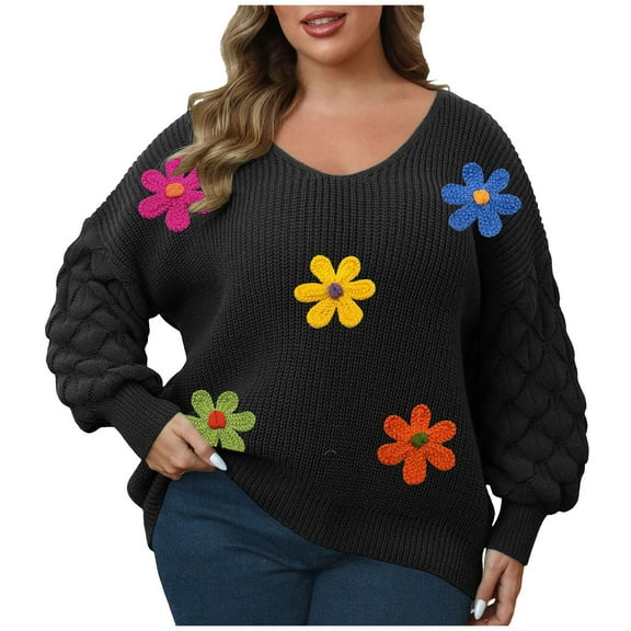 Weiqiqre Oversized Sweaters for Women Floral Sweater Long Sleeve V-Neck Casual Lounge Colorful Flower Knit Pullover Top