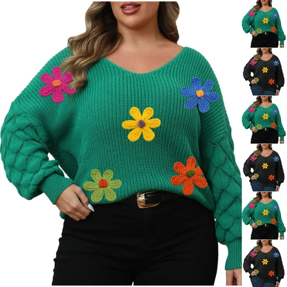 Weiqiqre Oversized Sweaters for Women Floral Sweater Long Sleeve V-Neck Casual Lounge Colorful Flower Knit Pullover Top