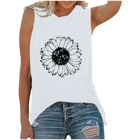 Fewfanhot Oversized Tshirts for Women Flower Print Crewneck Tank Tops Graphic Curved Hem Sleeveless Tops Summer Casual Loose Fit Shirts
