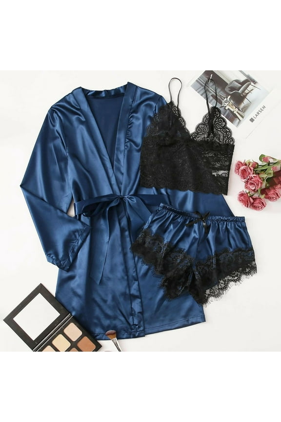 Pajama Set for Women Silk Satin Pajamas Set 4pcs Floral Lace Cami Sleepwear with Robe