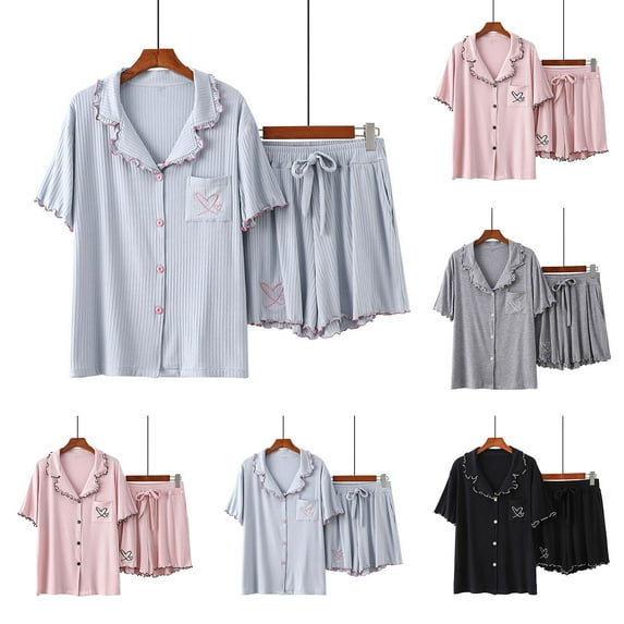 Weiqiqre Pajamas for Women Set Cute Printed Sleepwear Button Up Shirt with Lounge Shorts Set