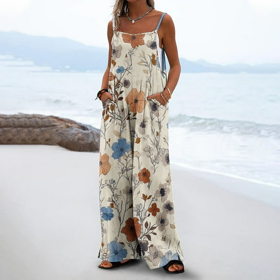 Weiqiqre Palazzo Pants for Women Summer Boho Casual Jumpsuits Wide Leg Overalls Floral Print Baggy Rompers with Pocket