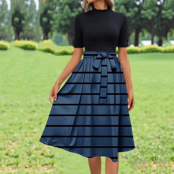 Weiqiqre Plus Size Dresses Flowy Short Sleeve Empire Waist Summer Crewneck Midi Length Fashion Belted Sundresses for Women