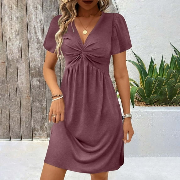Weiqiqre Plus Size Dresses for Curvy Women Casual Summer Twist Front V Neck Short Sleeve Mini Dress, S-XXL