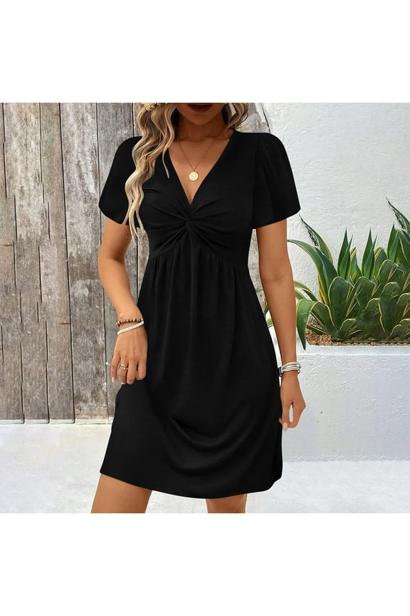 Plus Size Dresses for Curvy Women Casual Summer Twist Front V Neck Short Sleeve Mini Dress, S-XXL