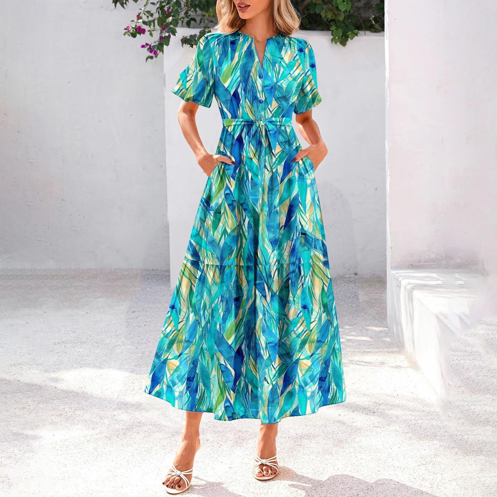 Weiqiqre Plus Size Dresses for Curvy Women Floral V Neck Puff Sleeve Empire Waist A Line Flowy Long Beach Boho Dress