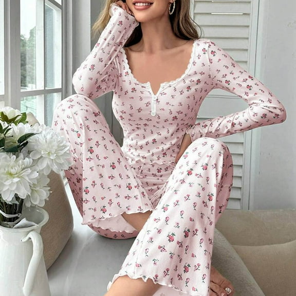 Weiqiqre Plus Size Pajamas for Women Set 2 Piece Ladies Long Sleeve Lounge Outfits Long Pant Pjs With Pockets