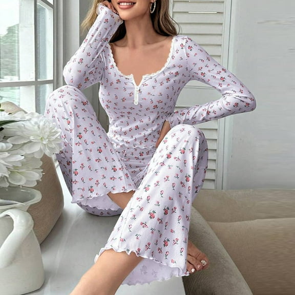 Weiqiqre Plus Size Pajamas for Women Set 2 Piece Ladies Long Sleeve Lounge Outfits Long Pant Pjs With Pockets