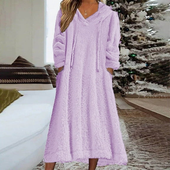 Weiqiqre Plus Size Pajamas for Women Solid Color Loose Hooded Casual Fall Winter Warmth Nightgown Long Sleeve Drawstring Sleepwear with Pockets