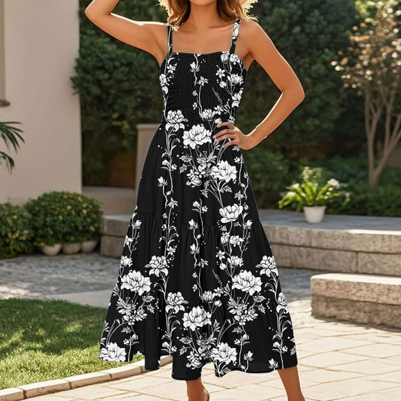 Weiqiqre Plus Size Summer Dresses Maxi Dress Sleeveless Floral Spaghetti Strap Smocked Boho Beach Long Dress with Pockets