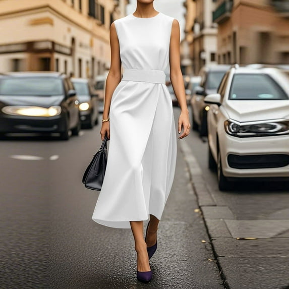 Fewfanhot Plus Size Summer Dresses Sleeveless Semi Formal Midi Dress Boat Neck A Line Split Elegant Dress