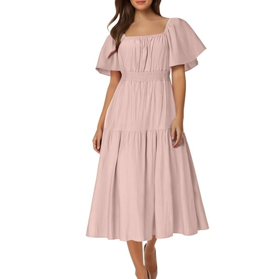 Weiqiqre Plus Size Summer Dresses Summer Puff Sleeve Empire Waist Casual Ruffle A-Line Flowy Midi Dress with Belt