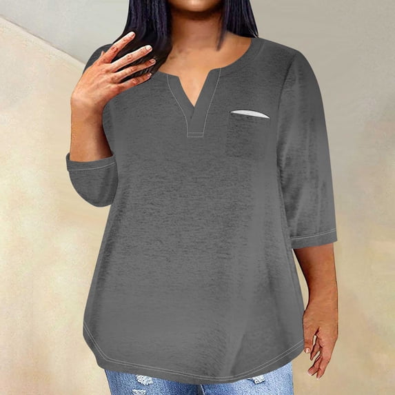Weiqiqre Plus Size Tops For Women Summer Sexy Solid Color V-Neck Shirt Casual Loose Flowy Swing Long Sleeve Blouse