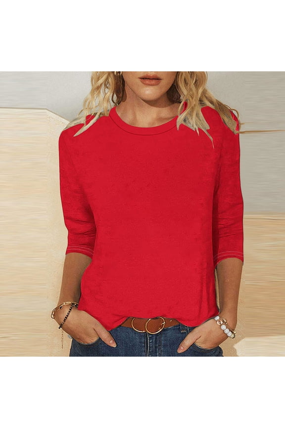 Plus Size Tops for Women 3/4 Length Sleeve Tops Crew Neck Basic Tees Shirts Casual Loose Fit Blouses