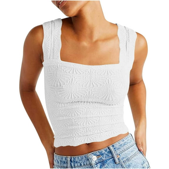 Weiqiqre Plus Size Tops for Women Square Neck Wide Straps Crop Tank Tops Casual Floral Sleeveless Lettuce Trim Slim Fit Crop Cami Vest Tops