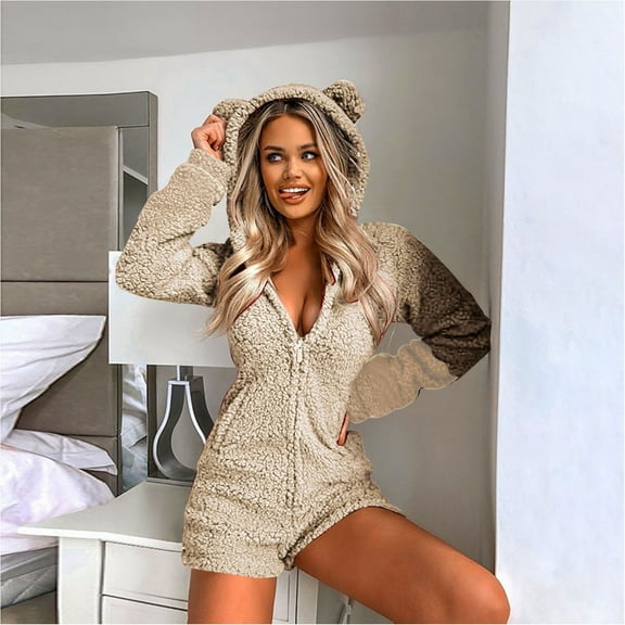 Weiqiqre Rompers for Women Fleece Onesies Pajamas Fuzzy Sherpa Adult Hooded One Piece Onesie Winter Romper Flannel Loungewear Sleepwear